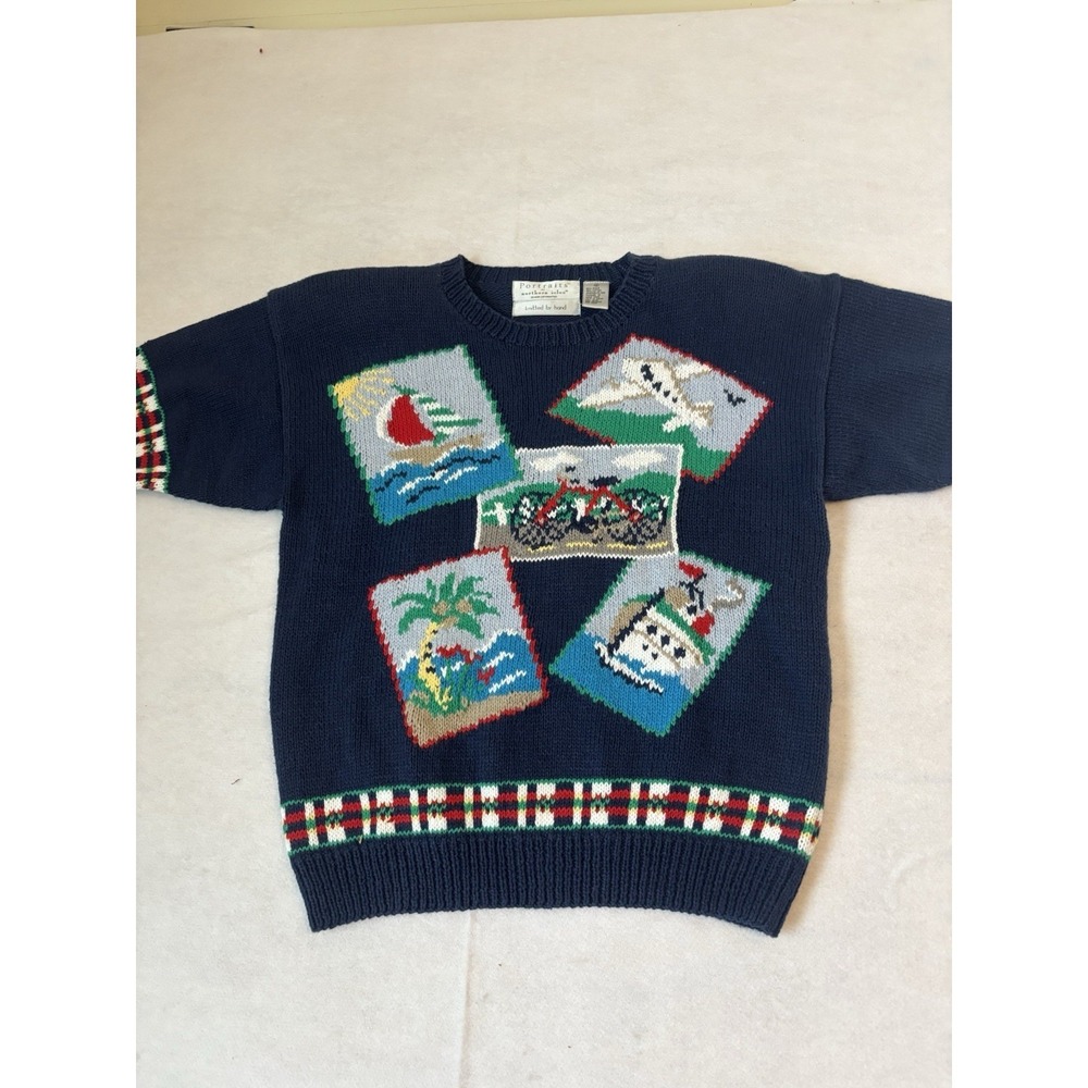 Northers Isles Portraits Hand Knit Sweater Size Med Sh/Sleeve Nautical‎ Vtg